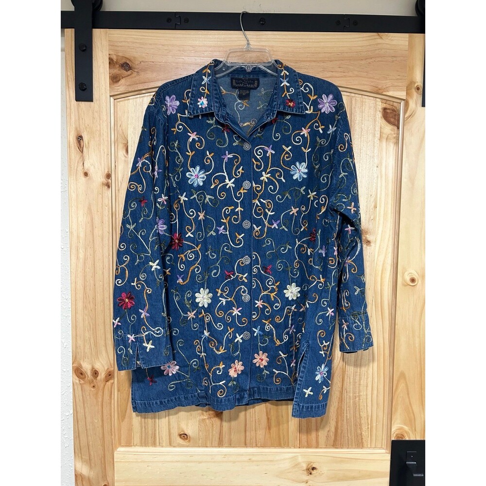 Life Style Plus Womens Denim Jacket Floral Embroidery Size 2XL